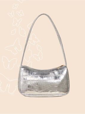 Croc-Embossed Metallic Shoulder Bag in Silver